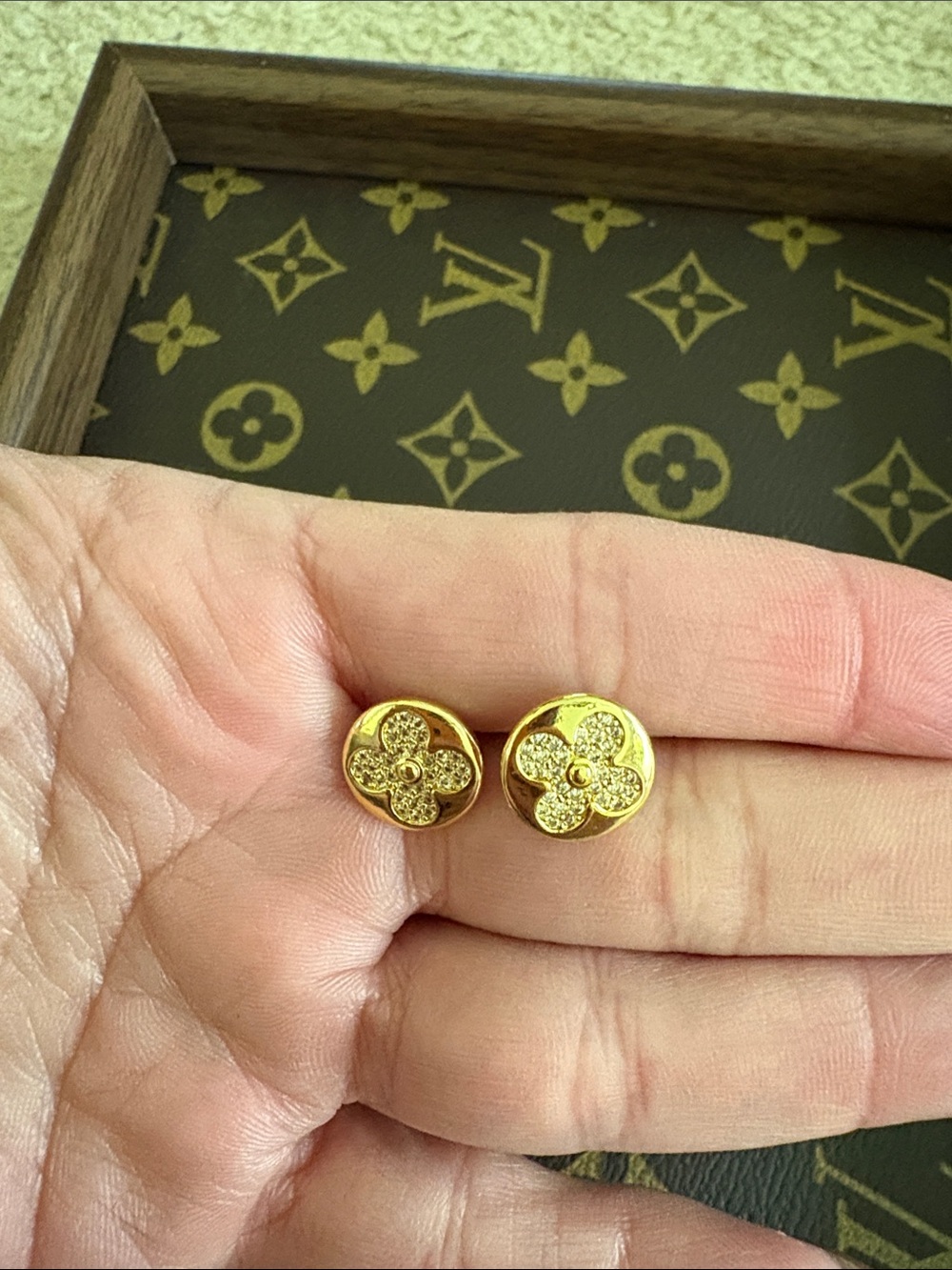 Gold Tone Floral Pavé Stud Earrings - Designer-Inspired